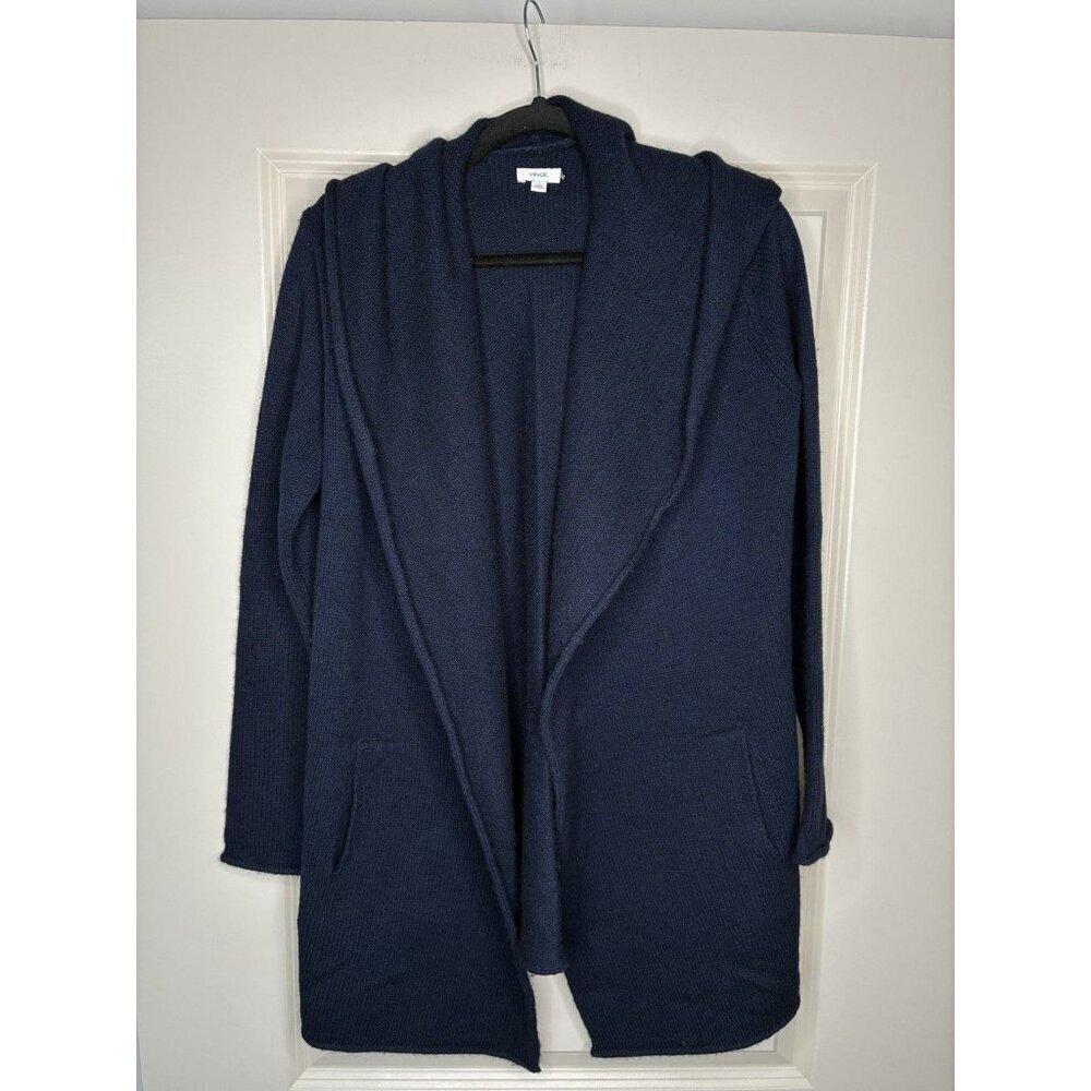 Vince Open Front Hooded Knit Cardigan Navy Blue Wool Yak Blend Size Small